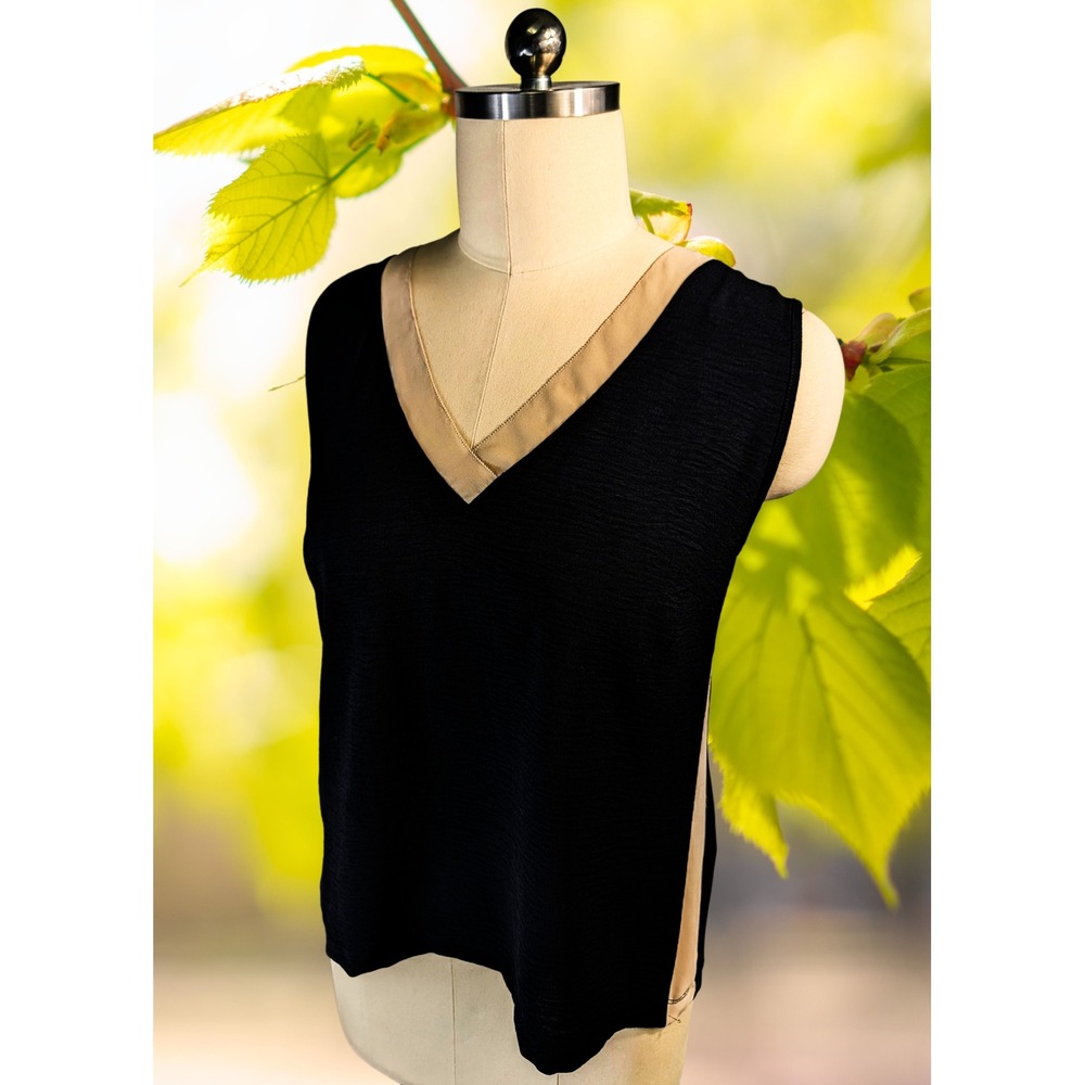 DKNY Womens XL Black V-Neck Sleeveless Top Tan Chiffon Trim Mixed Media Shell